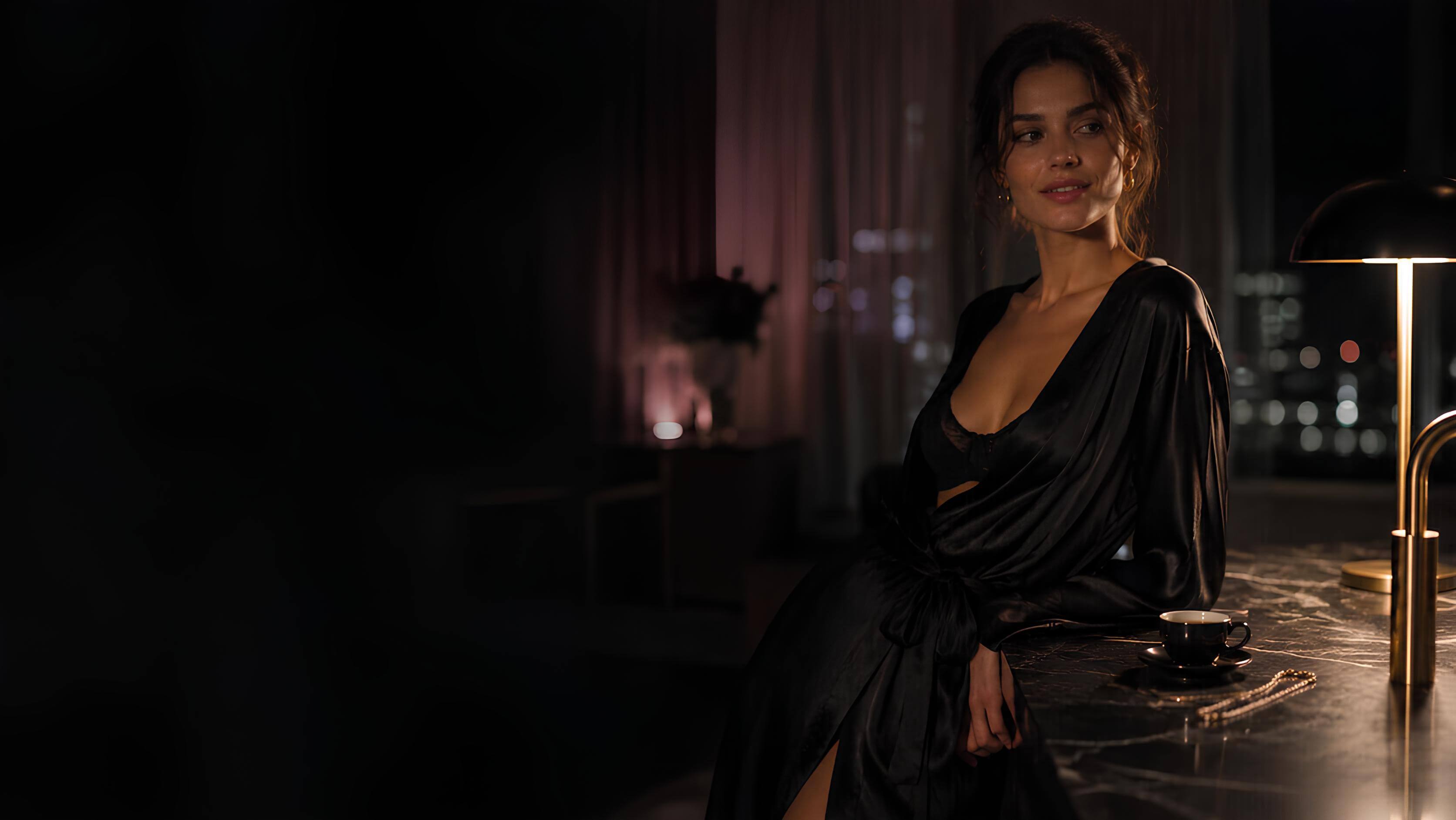 Elora Agency, a confident woman in a warm, low lit modern interior after dark, champagne gold light